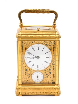 Lot 55 - DROCOURT, PARIS. A LATE 19TH CENTURY GORGE CASED GILT BRASS ENGRAVED AND ENAMELLED REPEATING CARRIAGE CLOCK