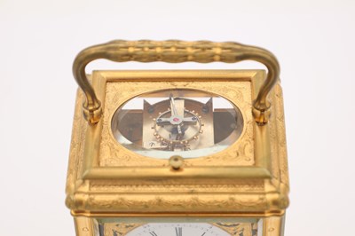 Lot 55 - DROCOURT, PARIS. A LATE 19TH CENTURY GORGE CASED GILT BRASS ENGRAVED AND ENAMELLED REPEATING CARRIAGE CLOCK