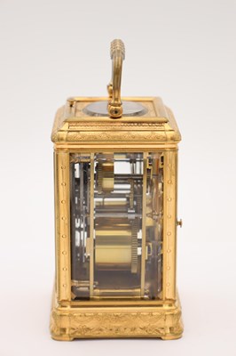 Lot 55 - DROCOURT, PARIS. A LATE 19TH CENTURY GORGE CASED GILT BRASS ENGRAVED AND ENAMELLED REPEATING CARRIAGE CLOCK