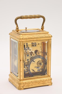 Lot 55 - DROCOURT, PARIS. A LATE 19TH CENTURY GORGE CASED GILT BRASS ENGRAVED AND ENAMELLED REPEATING CARRIAGE CLOCK