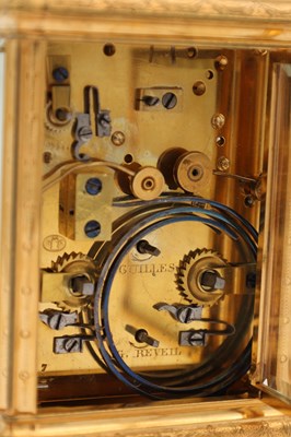 Lot 55 - DROCOURT, PARIS. A LATE 19TH CENTURY GORGE CASED GILT BRASS ENGRAVED AND ENAMELLED REPEATING CARRIAGE CLOCK
