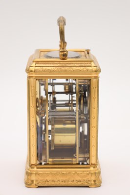 Lot 55 - DROCOURT, PARIS. A LATE 19TH CENTURY GORGE CASED GILT BRASS ENGRAVED AND ENAMELLED REPEATING CARRIAGE CLOCK