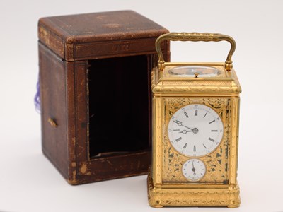 Lot 55 - DROCOURT, PARIS. A LATE 19TH CENTURY GORGE CASED GILT BRASS ENGRAVED AND ENAMELLED REPEATING CARRIAGE CLOCK