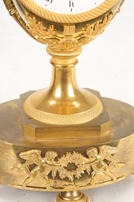 Lot 70 - AN EARLY 19TH CENTURY FRENCH ORMOLU URN-FORM MANTEL CLOCK WITH PUTTI MOUNTS