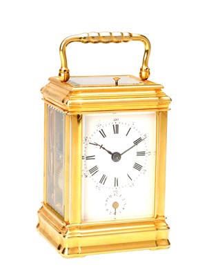 Lot 3 - A SMALL LATE 19TH CENTURY GORGE BRASS CASED REPEATING 8-DAY CARRIAGE CLOCK RETAILED BY TIFFANY & CO PARIS