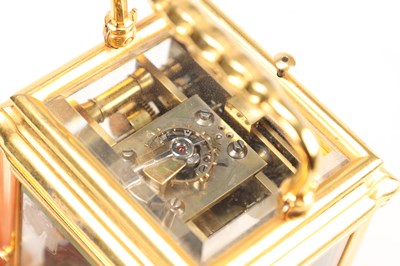 Lot 3 - A SMALL LATE 19TH CENTURY GORGE BRASS CASED REPEATING 8-DAY CARRIAGE CLOCK RETAILED BY TIFFANY & CO PARIS