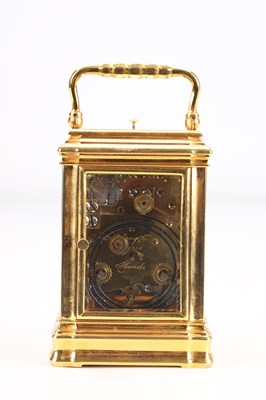 Lot 3 - A SMALL LATE 19TH CENTURY GORGE BRASS CASED REPEATING 8-DAY CARRIAGE CLOCK RETAILED BY TIFFANY & CO PARIS
