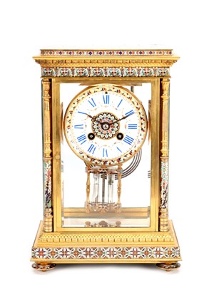 Lot A LATE 19TH CENTURY FRENCH CHAMPLEVE ENAMEL FOUR GLASS MANTEL CLOCK
