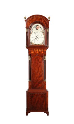 Lot 172 - TAYLOR, PUDSEY (LEEDS). A GEORGE III MAHOGANY INLAID EIGHT-DAY PAINTED DIAL EGYPTIAN STYLE LONGCASE CLOCK