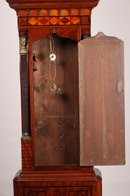 Lot 172 - TAYLOR, PUDSEY (LEEDS). A GEORGE III MAHOGANY INLAID EIGHT-DAY PAINTED DIAL EGYPTIAN STYLE LONGCASE CLOCK