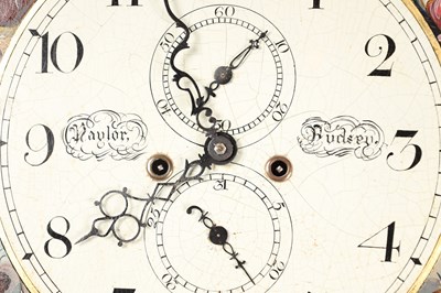 Lot 172 - TAYLOR, PUDSEY (LEEDS). A GEORGE III MAHOGANY INLAID EIGHT-DAY PAINTED DIAL EGYPTIAN STYLE LONGCASE CLOCK