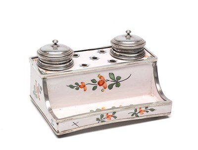 Lot GUSTAVE KELLER, PARIS. A LATE 19TH CENTURY SILVER AND ENAMEL DOUBLE INKWELL