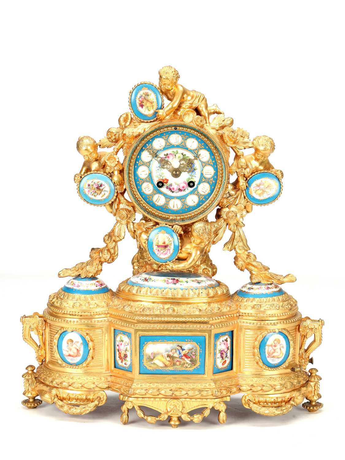 Lot 83 - LEROY & FILS, PARIS. A LATE 19TH CENTURY GILT BRONZE AND SEVRES PORCELAIN MUSICAL MANTEL CLOCK