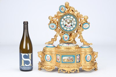 Lot 83 - LEROY & FILS, PARIS. A LATE 19TH CENTURY GILT BRONZE AND SEVRES PORCELAIN MUSICAL MANTEL CLOCK