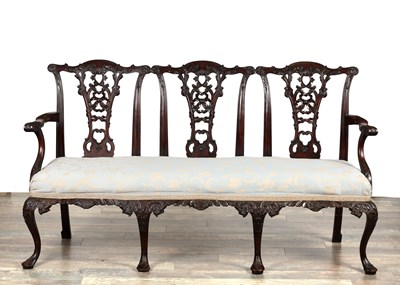 Lot A 19TH CENTURY MAHOGANY CHIPPENDALE STYLE THREE SEATER CHAIRBACK SETTEE