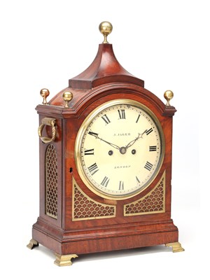 Lot J. JAGER, LONDON, A REGENCY EIGHT DAY MAHOGANY ARCHED TOPPED DOUBLE FUSEE BRACKET CLOCK