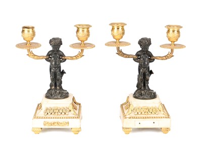 Lot A PAIR OF 19TH CENTURY FRENCH BRONZE, ORMOLU AND MARBLE TWO-LIGHT CANDELABRA