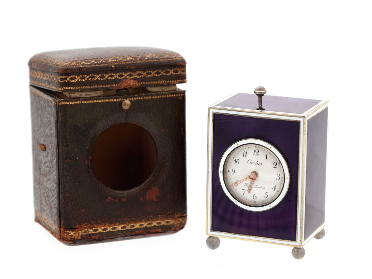 Lot 143 - A FINE ART DECO CARTIER MINUTE REPEATING SILVER AND GUILLOCHE ENAMEL DESK CLOCK