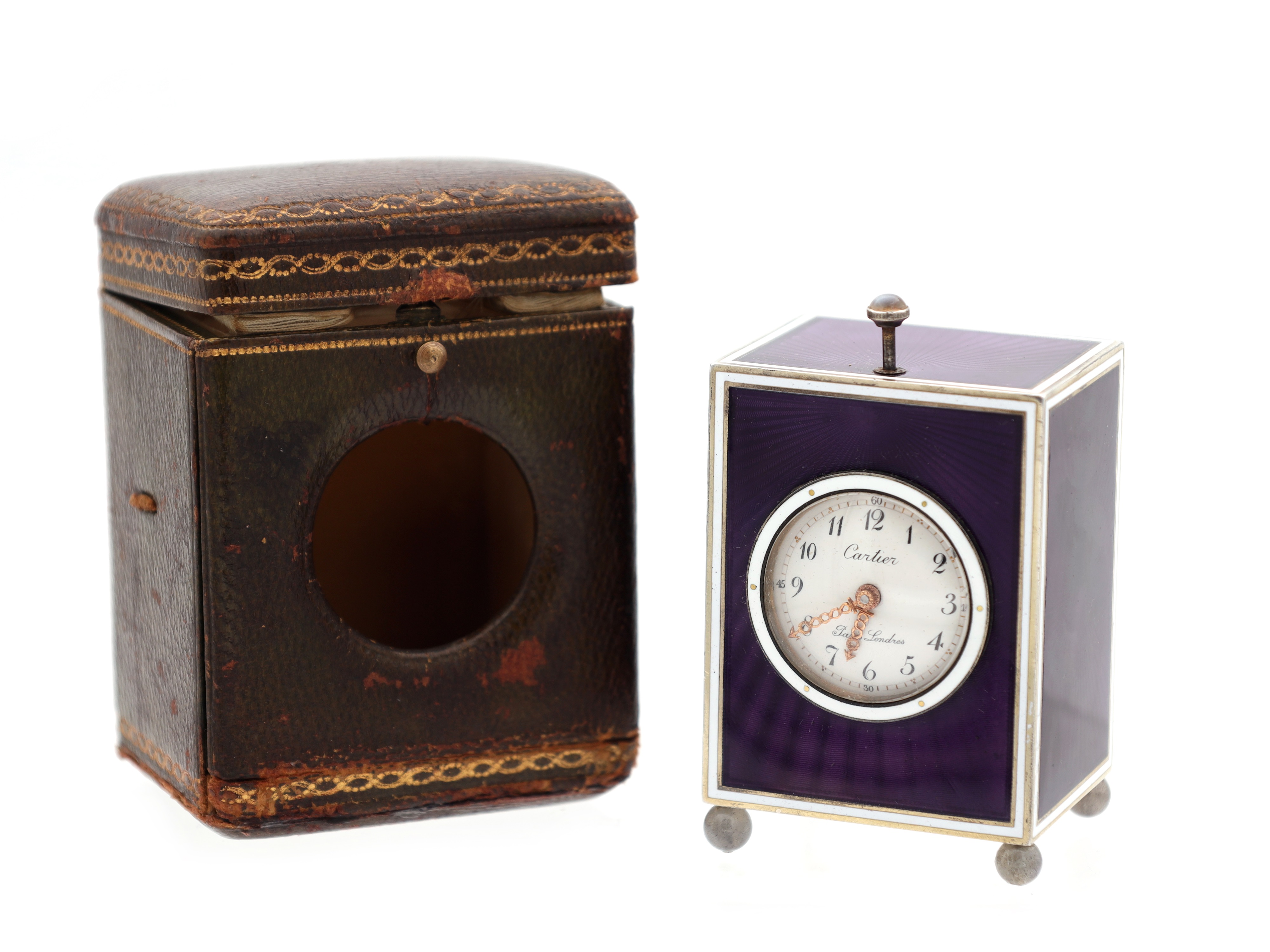 Lot 143 Art Deco Cartier minute-repeating silver and guilloche enamel desk clock