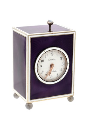 Lot 143 - A FINE ART DECO CARTIER MINUTE REPEATING SILVER AND GUILLOCHE ENAMEL DESK CLOCK