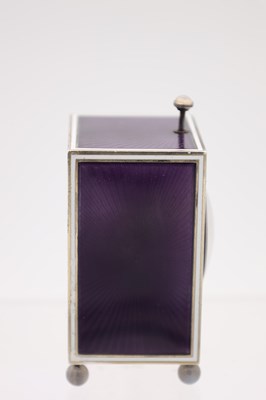 Lot 143 - A FINE ART DECO CARTIER MINUTE REPEATING SILVER AND GUILLOCHE ENAMEL DESK CLOCK