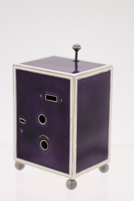 Lot 143 - A FINE ART DECO CARTIER MINUTE REPEATING SILVER AND GUILLOCHE ENAMEL DESK CLOCK