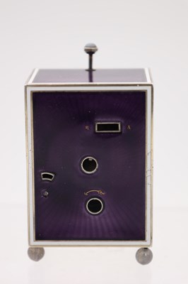 Lot 143 - A FINE ART DECO CARTIER MINUTE REPEATING SILVER AND GUILLOCHE ENAMEL DESK CLOCK