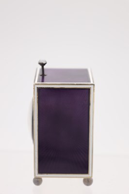 Lot 143 - A FINE ART DECO CARTIER MINUTE REPEATING SILVER AND GUILLOCHE ENAMEL DESK CLOCK