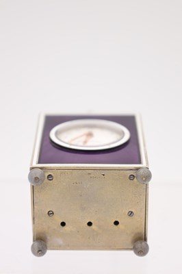 Lot 143 - A FINE ART DECO CARTIER MINUTE REPEATING SILVER AND GUILLOCHE ENAMEL DESK CLOCK