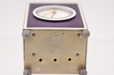 Lot 143 - A FINE ART DECO CARTIER MINUTE REPEATING SILVER AND GUILLOCHE ENAMEL DESK CLOCK