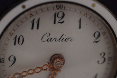 Lot 143 - A FINE ART DECO CARTIER MINUTE REPEATING SILVER AND GUILLOCHE ENAMEL DESK CLOCK