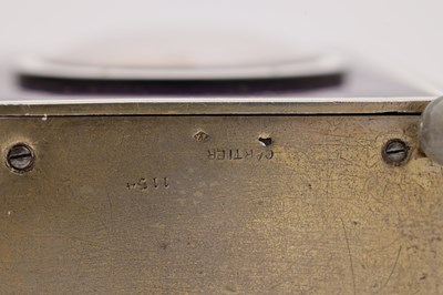 Lot 143 - A FINE ART DECO CARTIER MINUTE REPEATING SILVER AND GUILLOCHE ENAMEL DESK CLOCK