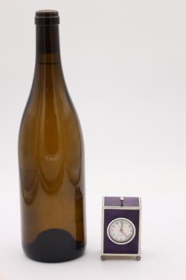 Lot 143 - A FINE ART DECO CARTIER MINUTE REPEATING SILVER AND GUILLOCHE ENAMEL DESK CLOCK