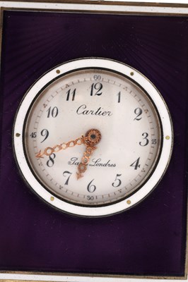 Lot 143 - A FINE ART DECO CARTIER MINUTE REPEATING SILVER AND GUILLOCHE ENAMEL DESK CLOCK