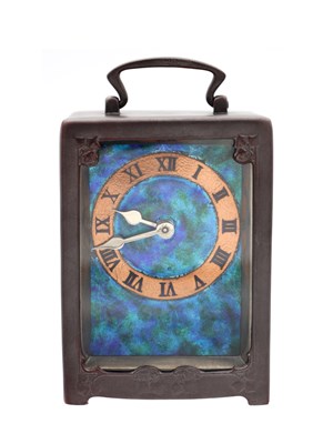 Lot 14 - ARCHIBALD KNOX FOR LIBERTY & CO. A "TUDRIC" PEWTER AND ENAMEL CARRIAGE CLOCK