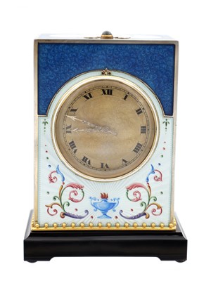 Lot 37 - A LARGE AND FINE ART DECO SILVER AND GUILLOCHE ENAMEL GRAND SONNERIE MINUTE REPEATING CARRIAGE CLOCK