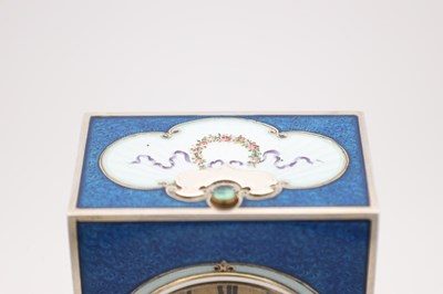 Lot 37 - A LARGE AND FINE ART DECO SILVER AND GUILLOCHE ENAMEL GRAND SONNERIE MINUTE REPEATING CARRIAGE CLOCK
