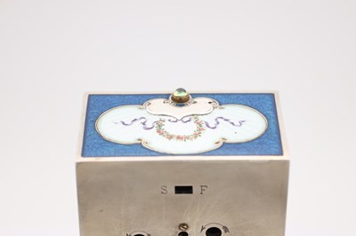Lot 37 - A LARGE AND FINE ART DECO SILVER AND GUILLOCHE ENAMEL GRAND SONNERIE MINUTE REPEATING CARRIAGE CLOCK