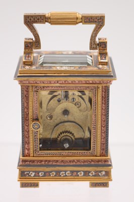 Lot 107 - A LATE 19TH CENTURY FRENCH MINIATURE GILT BRASS, BRONZE AND MIXED METAL CARRIAGE CLOCK