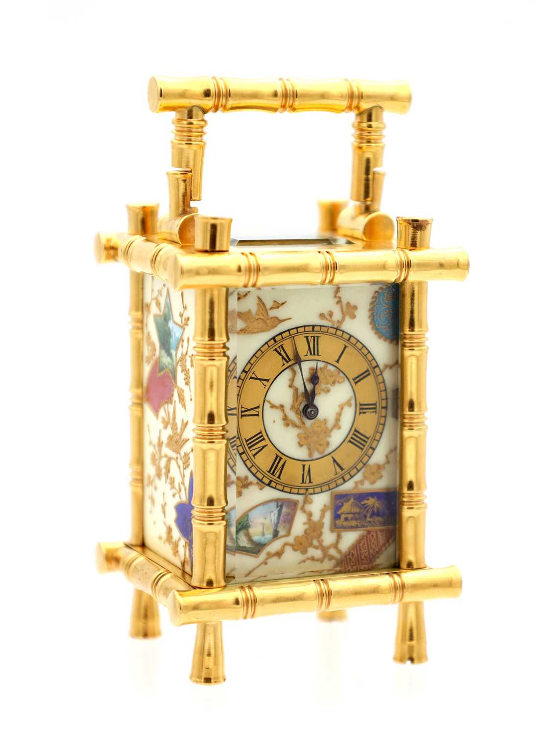 Lot 23 - A LATE 19TH CENTURY FRENCH MINIATURE GILT BRASS AND PORCELAIN PANELLED CARRIAGE CLOCK