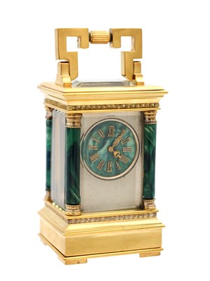 Lot 12 - A LATE 19TH CENTURY FRENCH MINIATURE MALACHITE AND GILT BRASS CARRIAGE CLOCK
