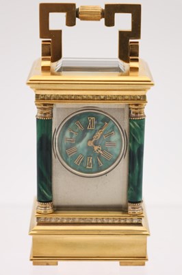 Lot 12 - A LATE 19TH CENTURY FRENCH MINIATURE MALACHITE AND GILT BRASS CARRIAGE CLOCK