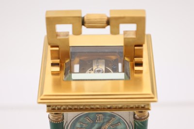 Lot 12 - A LATE 19TH CENTURY FRENCH MINIATURE MALACHITE AND GILT BRASS CARRIAGE CLOCK