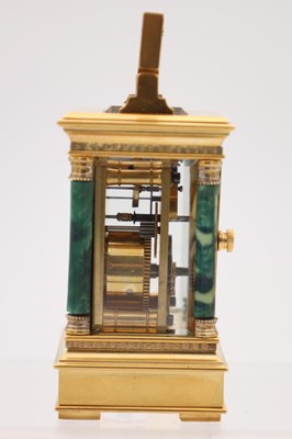 Lot 12 - A LATE 19TH CENTURY FRENCH MINIATURE MALACHITE AND GILT BRASS CARRIAGE CLOCK