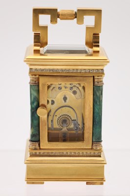 Lot 12 - A LATE 19TH CENTURY FRENCH MINIATURE MALACHITE AND GILT BRASS CARRIAGE CLOCK
