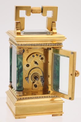 Lot 12 - A LATE 19TH CENTURY FRENCH MINIATURE MALACHITE AND GILT BRASS CARRIAGE CLOCK