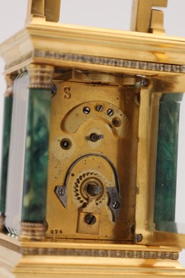 Lot 12 - A LATE 19TH CENTURY FRENCH MINIATURE MALACHITE AND GILT BRASS CARRIAGE CLOCK