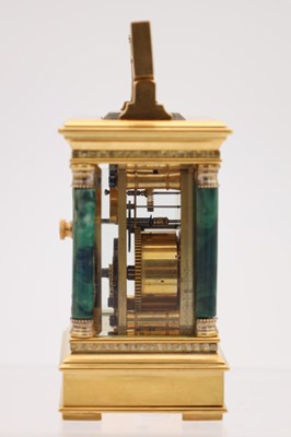 Lot 12 - A LATE 19TH CENTURY FRENCH MINIATURE MALACHITE AND GILT BRASS CARRIAGE CLOCK