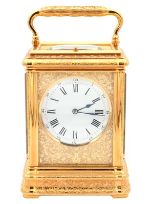 Lot 131 - DROCOURT, PARIS. A FINE GIANT GILT ENGRAVED GORGE CASED REPEATING CARRIAGE CLOCK
