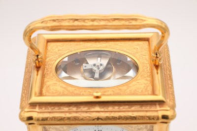 Lot 131 - DROCOURT, PARIS. A FINE GIANT GILT ENGRAVED GORGE CASED REPEATING CARRIAGE CLOCK